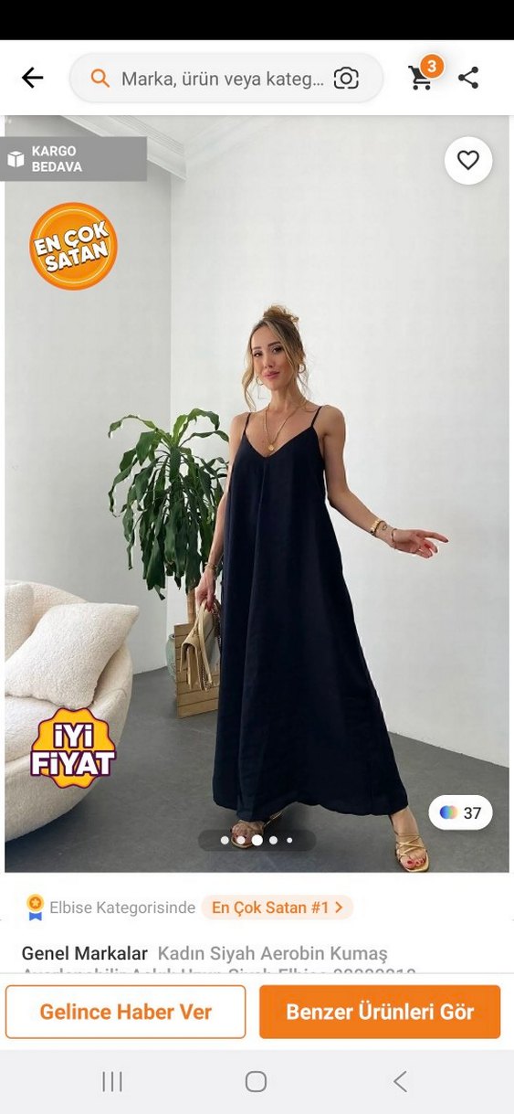 Siyah V Yakalı Uzun Salaş Elbise - Görsel 2