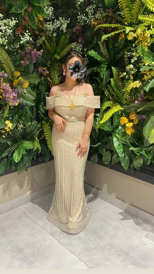 Askı detaylı Straplez Bej Uzun Abiye Elbise - Görsel 2