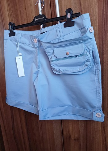 Diğer Kadın Mavi Kemerli %100 cotton kumaş Şort