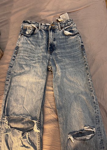 Zara Acik Mavi Yikamali Rahat Denim Jean