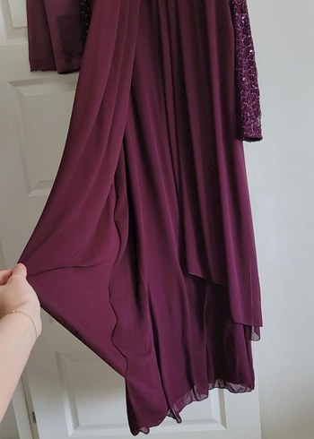 Tesettür abiye Bordo Uzun Kollu Drapeli Abiye Elbise - Görsel 4