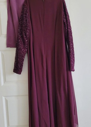 Tesettür abiye Bordo Uzun Kollu Drapeli Abiye Elbise - Görsel 2