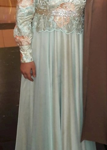 Tesettür abiye Nakışlı Turkuaz Uzun Kollu Uzun Elbise - Görsel 5