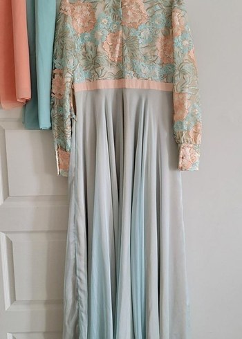 Tesettür abiye Nakışlı Turkuaz Uzun Kollu Uzun Elbise - Görsel 3