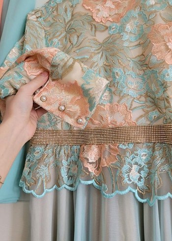 Tesettür abiye Nakışlı Turkuaz Uzun Kollu Uzun Elbise - Görsel 2