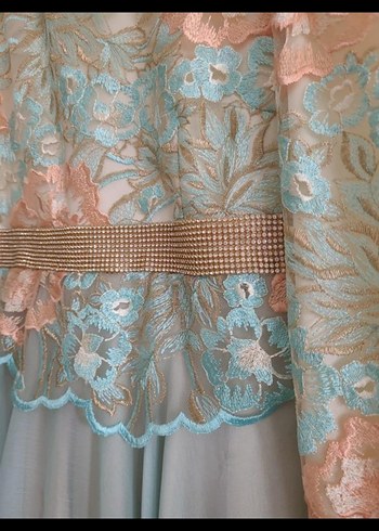 Tesettür abiye Nakışlı Turkuaz Uzun Kollu Uzun Elbise - Görsel 4