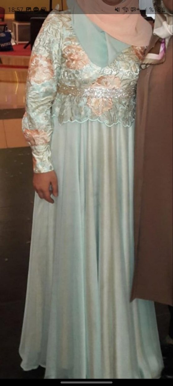 Tesettür abiye Nakışlı Turkuaz Uzun Kollu Uzun Elbise - Görsel 5