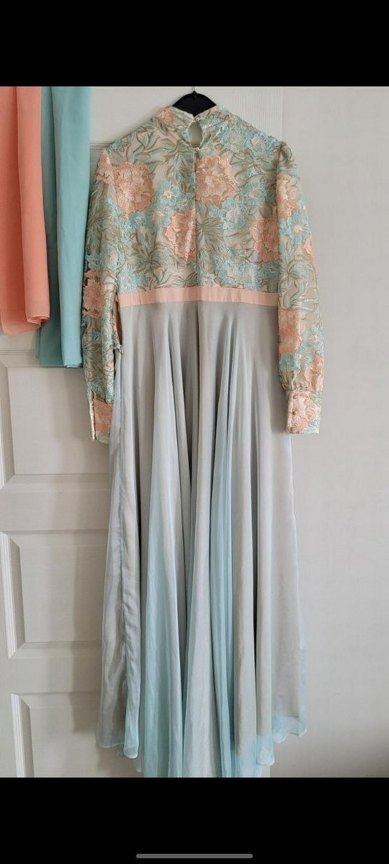 Tesettür abiye Nakışlı Turkuaz Uzun Kollu Uzun Elbise - Görsel 3