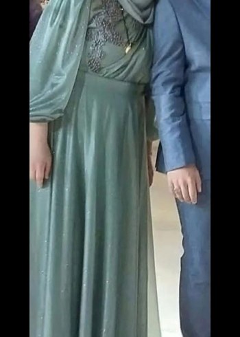 Tesettür Abiye Sim Detaylı Uzun Kollu Haki Elbise - Görsel 4