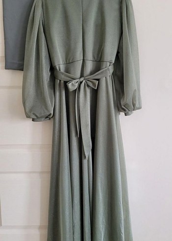 Tesettür Abiye Sim Detaylı Uzun Kollu Haki Elbise - Görsel 2