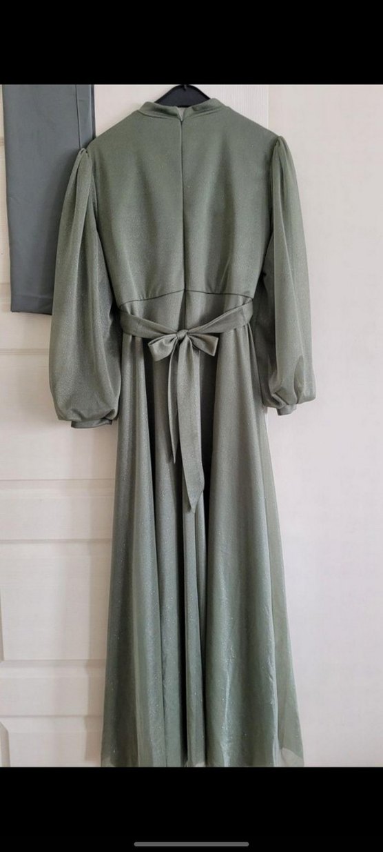 Tesettür Abiye Sim Detaylı Uzun Kollu Haki Elbise - Görsel 2