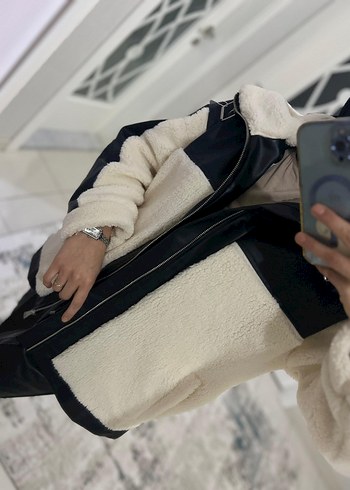 deri garnili peluş mont - Görsel 5