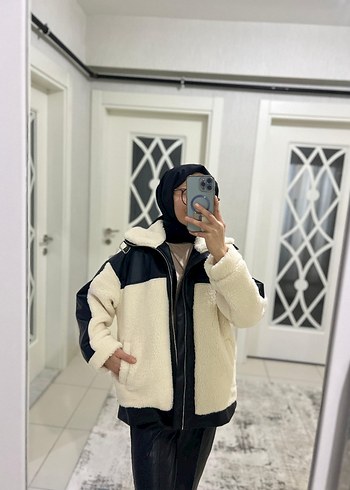 deri garnili peluş mont - Görsel 7