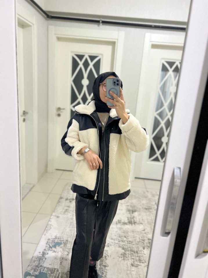 deri garnili peluş mont - Görsel 4