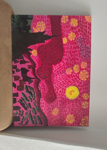 Ahşap Sanat Koyu Pembe ve Sarı Detaylı Soyut Tablo