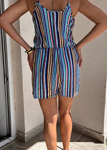 Çizgili Mini Kadın Tulum - Görsel 3