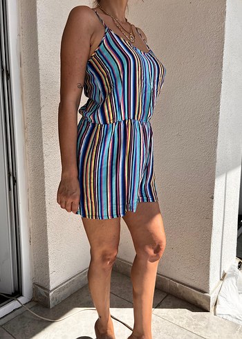 Çizgili Mini Kadın Tulum - Görsel 2