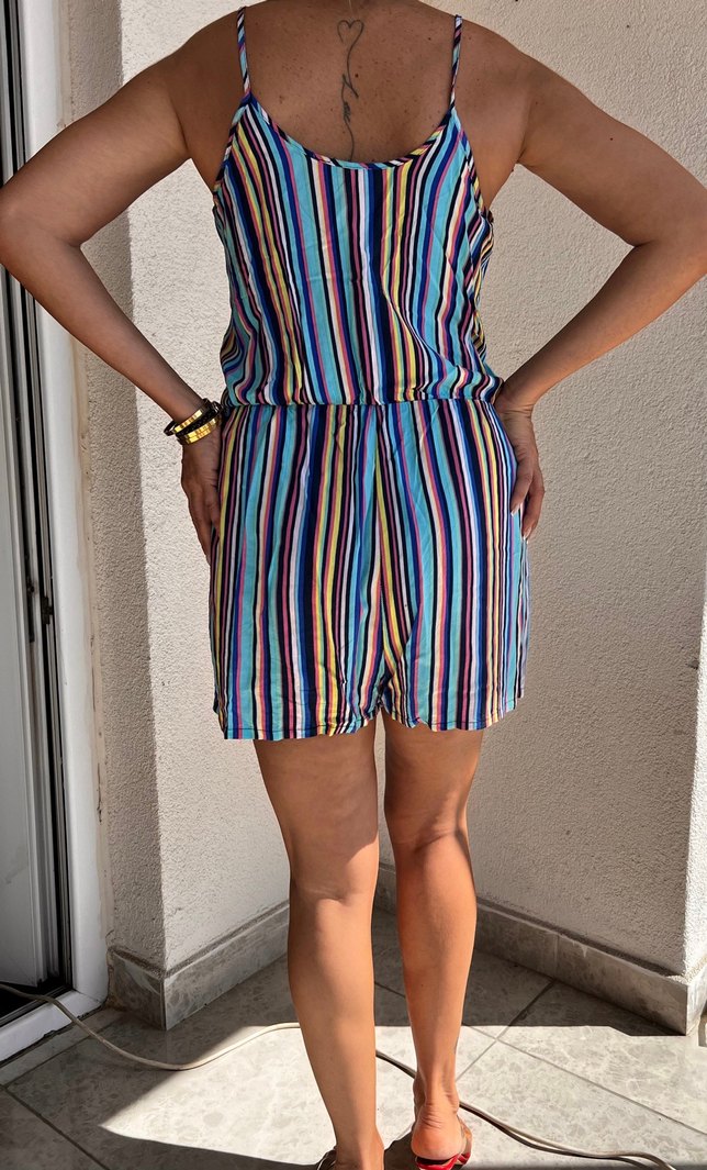 Çizgili Mini Kadın Tulum - Görsel 3