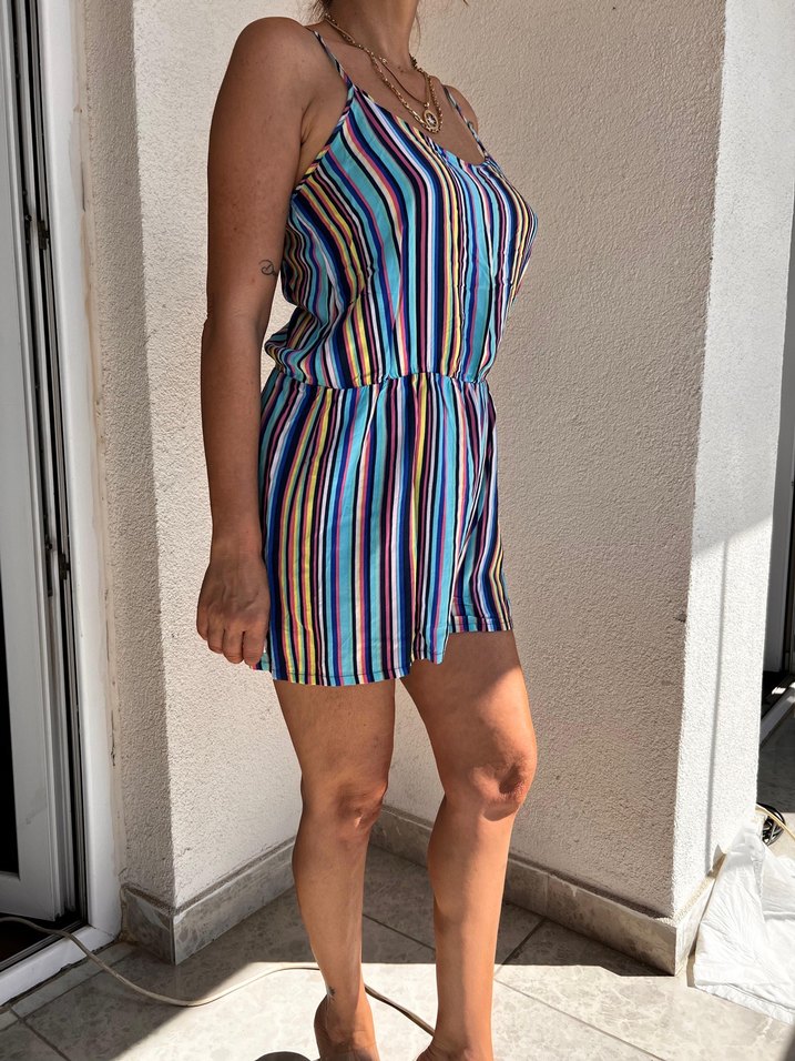 Çizgili Mini Kadın Tulum - Görsel 2