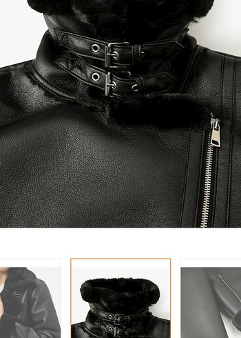 bershka muadili Kürk Detaylı Siyah Biker Deri Ceket - Görsel 3