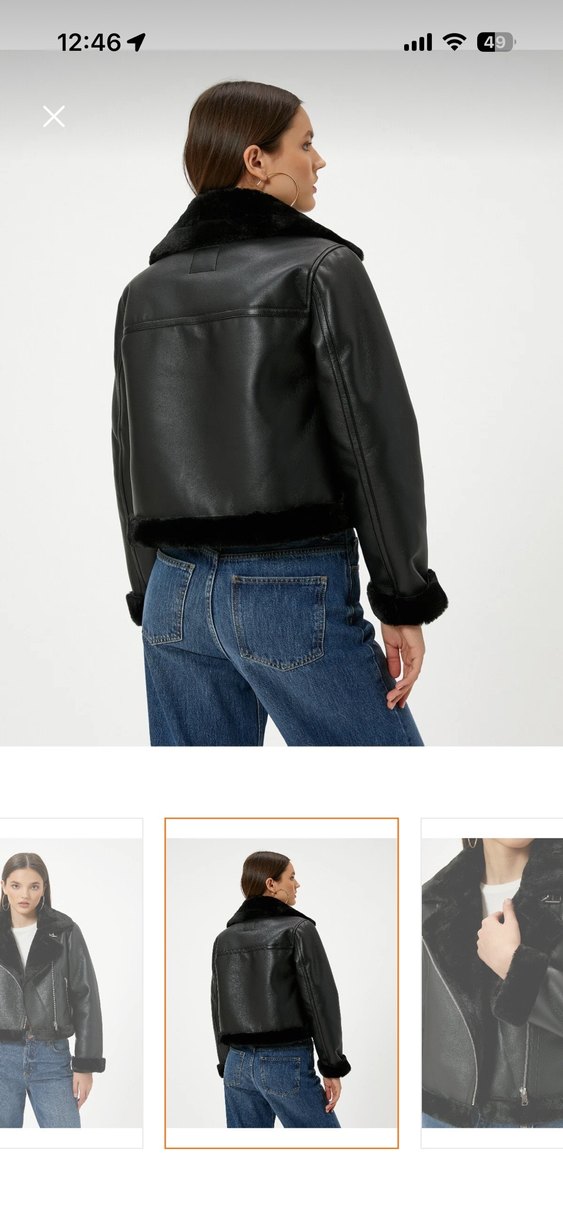 bershka muadili Kürk Detaylı Siyah Biker Deri Ceket - Görsel 2