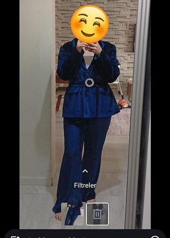 Kemerli Lacivert Batik Desenli Kadın Denim Takım - Görsel 2