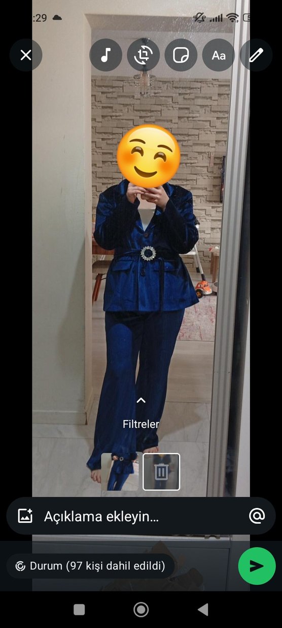 Kemerli Lacivert Batik Desenli Kadın Denim Takım - Görsel 2