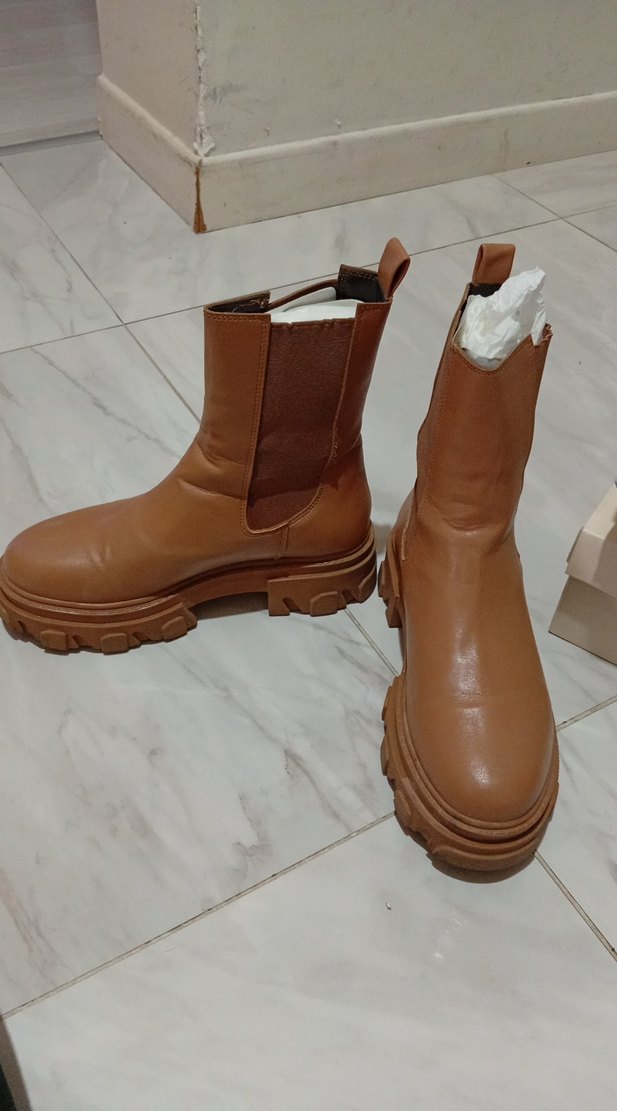 Bej Deri Platform Topuklu Kadın Bot - Görsel 3