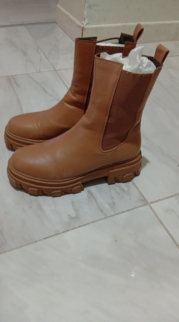 Bej Deri Platform Topuklu Kadın Bot - Görsel 4