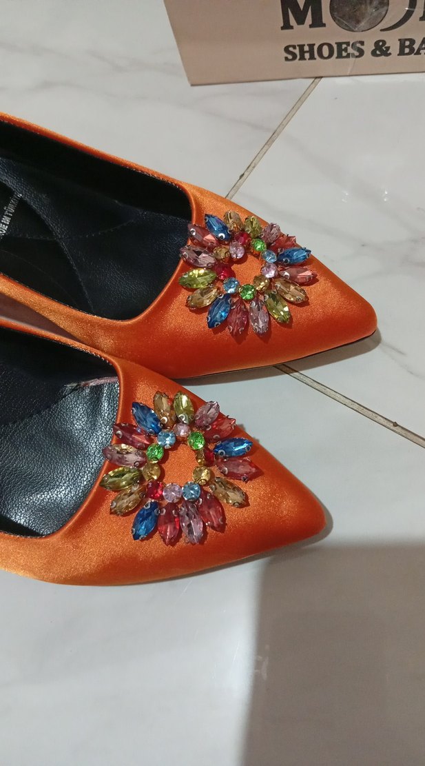 Turuncu İşlemeli Taşlı Kadın Topuklu Ayakkabı - Görsel 4
