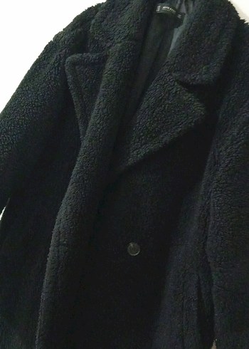 Siyah Peluş Kadın Midi Kaban - Görsel 2