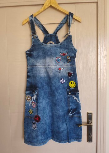 Nakışlı Kot Mini Salopet Elbise S - Görsel 3