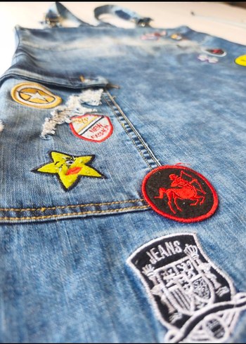 Nakışlı Kot Mini Salopet Elbise S - Görsel 8