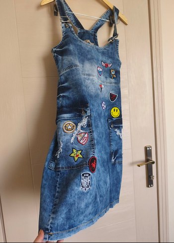 Nakışlı Kot Mini Salopet Elbise S - Görsel 2