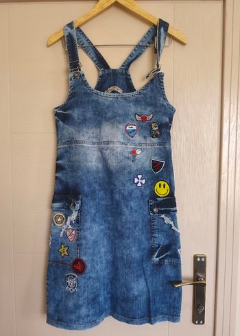 Nakışlı Kot Mini Salopet Elbise S - Görsel 5