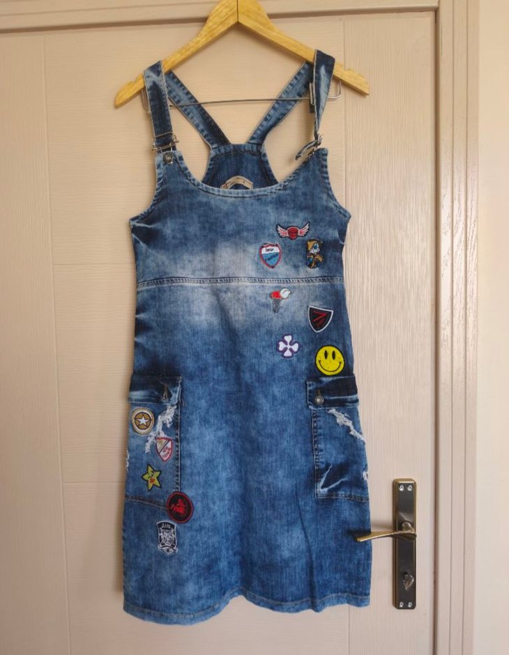 Nakışlı Kot Mini Salopet Elbise S - Görsel 3