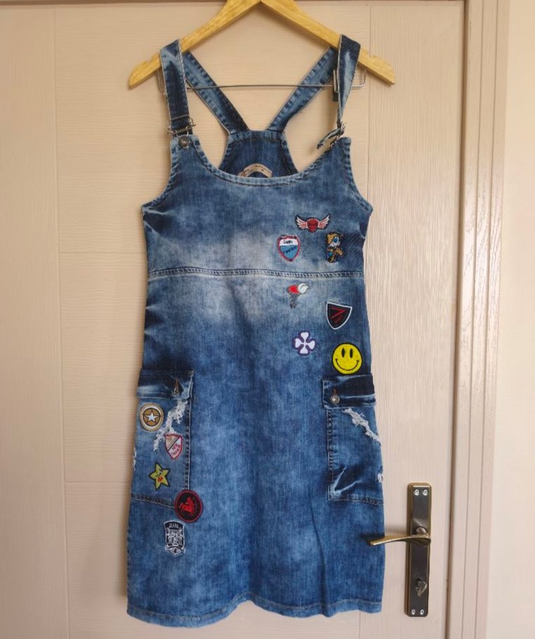 Nakışlı Kot Mini Salopet Elbise S - Görsel 5