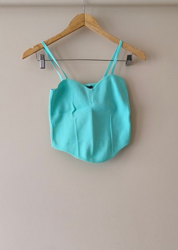 Turkuaz Denim İnce Askılı Crop Top - Görsel 6