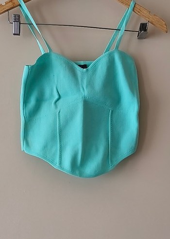 Turkuaz Denim İnce Askılı Crop Top - Görsel 5