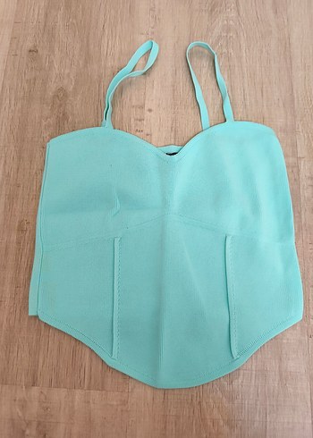 Turkuaz Denim İnce Askılı Crop Top - Görsel 2