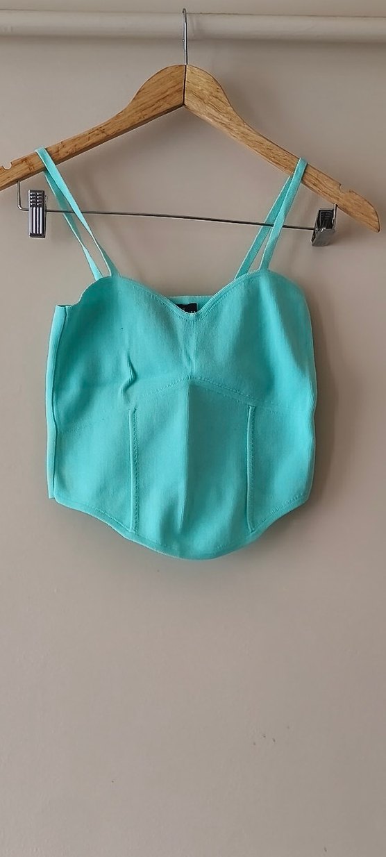 Turkuaz Denim İnce Askılı Crop Top - Görsel 5