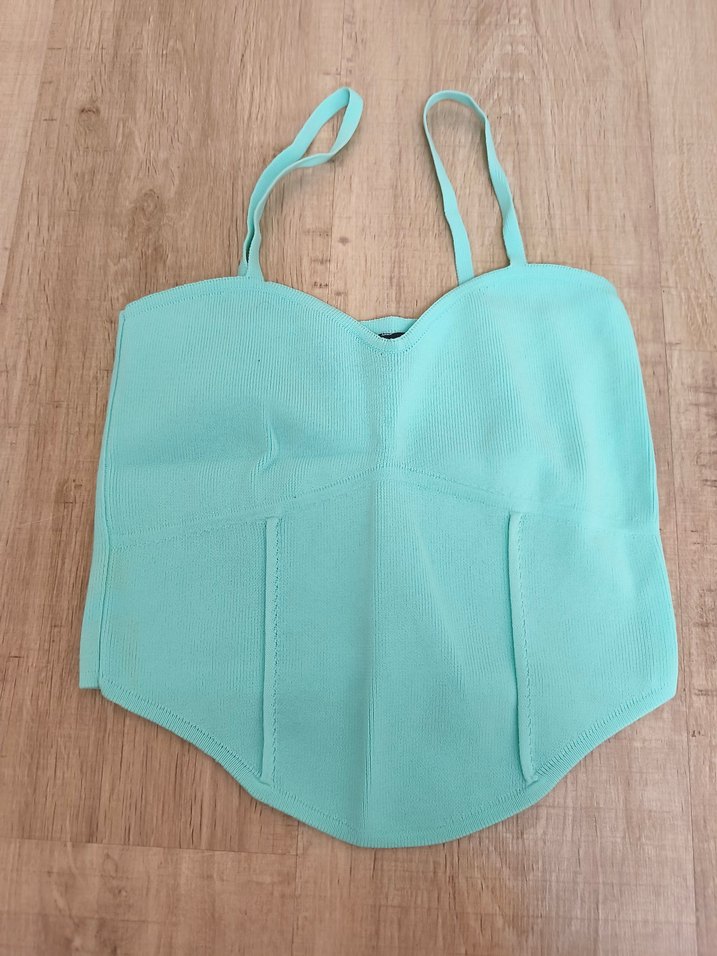 Turkuaz Denim İnce Askılı Crop Top - Görsel 2