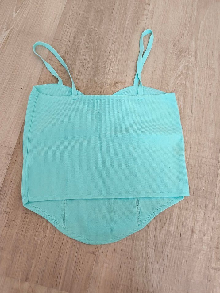 Turkuaz Denim İnce Askılı Crop Top - Görsel 3