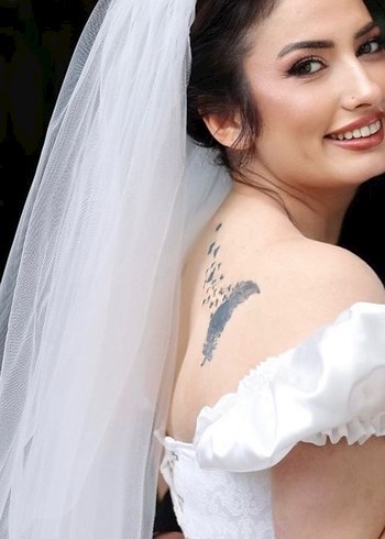 m Beden Kısa Beyaz Mini Gelinlik Balon Kollu