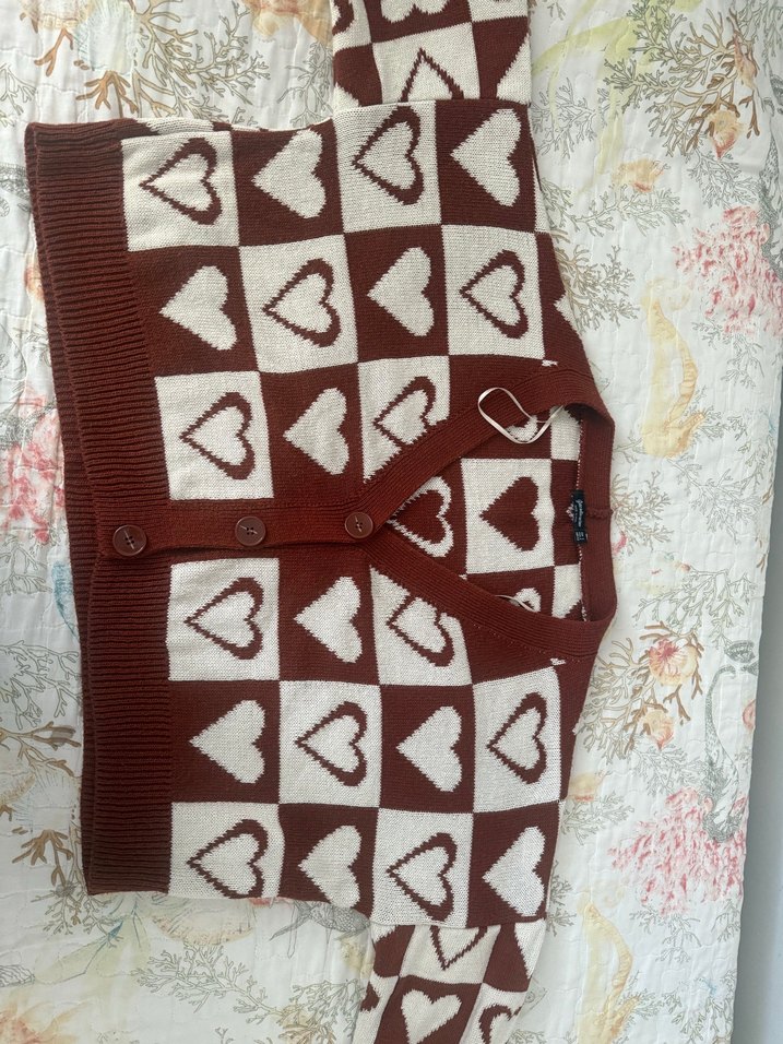 Bohem V Yaka Kalp Desenli Örgü Hırka - Görsel 2