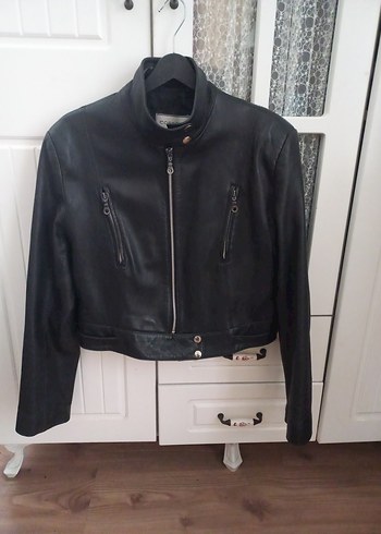 #hakiki deri siyah Deri Kısa Biker Ceket - Görsel 2