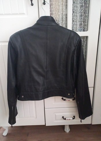 #hakiki deri siyah Deri Kısa Biker Ceket - Görsel 3