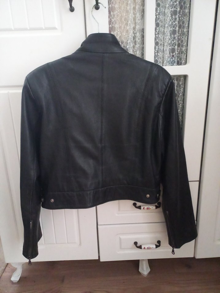 #hakiki deri siyah Deri Kısa Biker Ceket - Görsel 3