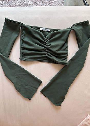 Koyu Yeşil Straplez Pilili Mini Crop