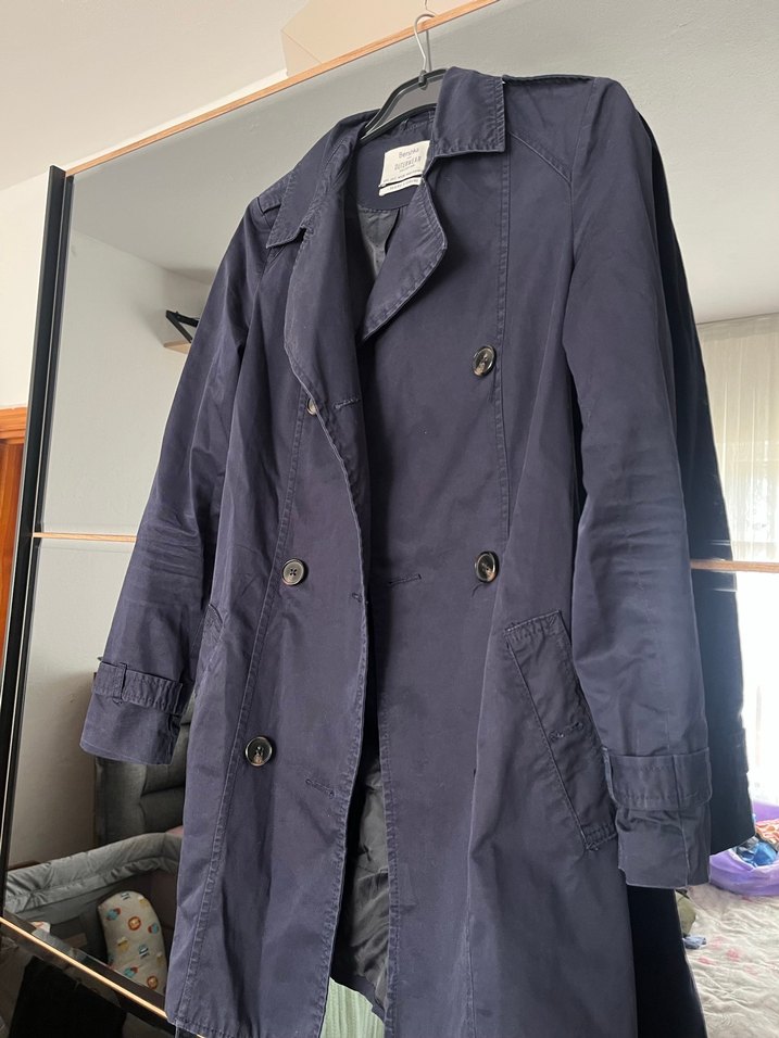 Düğmeli Lacivert Midi Kadın Trençkot - Görsel 2